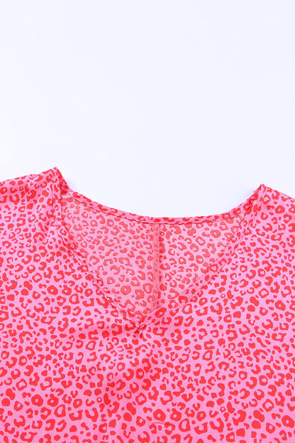 Rosy Leopard Print Oversized Casual Half Sleeve V Neck Top