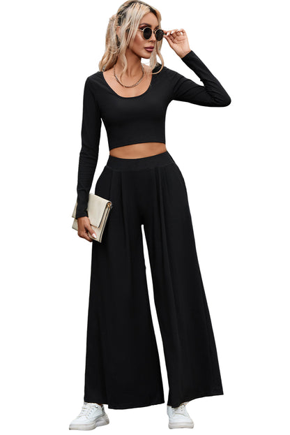 Schwarzes, einfarbiges, geripptes Crop-Top-Langhosen-Set