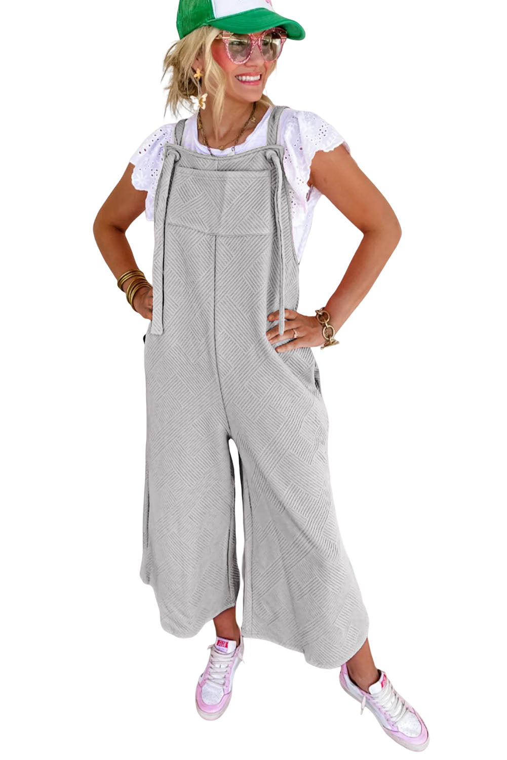 Light Grey Textured Self-Tie Strap Wide-Leg Overalls