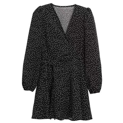 Women's Hong Kong Style V-collar Polka Dot Monochrome Dress