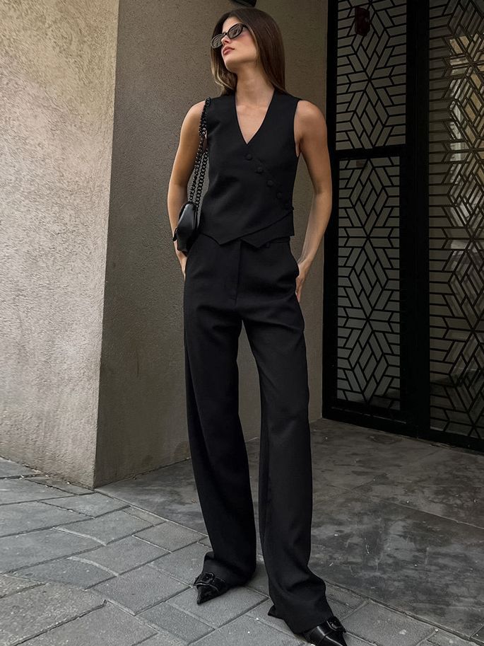 Women's Fashionable Elegant Vest Cotton And Linen High Waist Straight Pants Suit