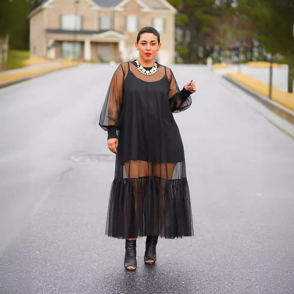 Ensemble deux pièces en tulle à bretelles et jupe pour femme de couleur unie