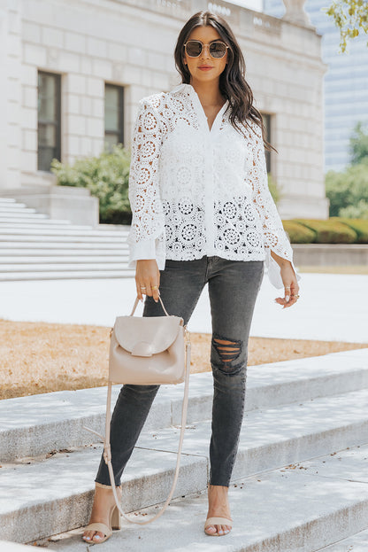 White Crochet Lace Hollow-out Turn-down Collar Shirt