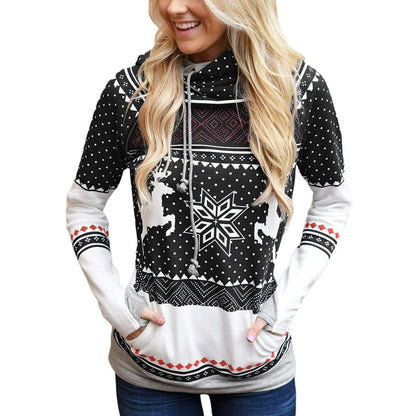 Autumn New Christmas Printing Pocket Long Sleeve Hooded Casual Hoodie Women