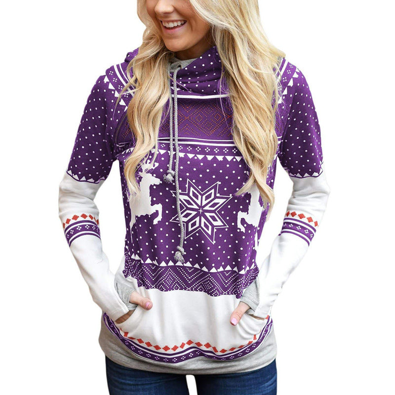 Autumn New Christmas Printing Pocket Long Sleeve Hooded Casual Hoodie Women