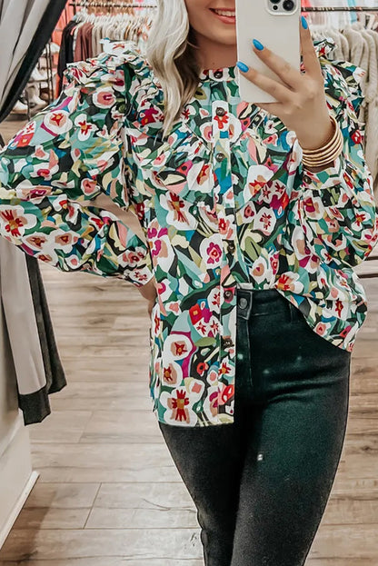 Abstract Print Boho Ruffle Button Up Blouse