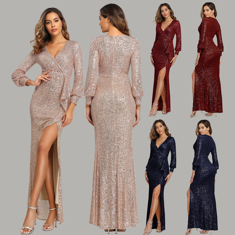 Fantaisie célébrité Sexy haute fente à manches longues paillettes Banquet robe de soirée femmes