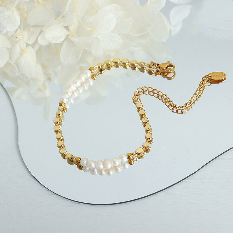 18K gold noble light luxury pearl stitching flat bead design bracelet