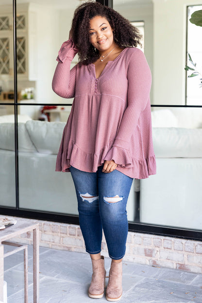 Pink Plus Size Ruffled Waffle Knit Babydoll Top