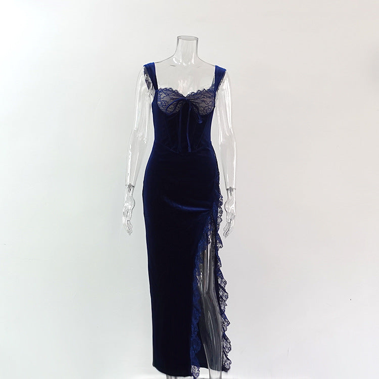 Robe à bretelles en velours et dentelle pour femmes, taille haute, coupe ajustée