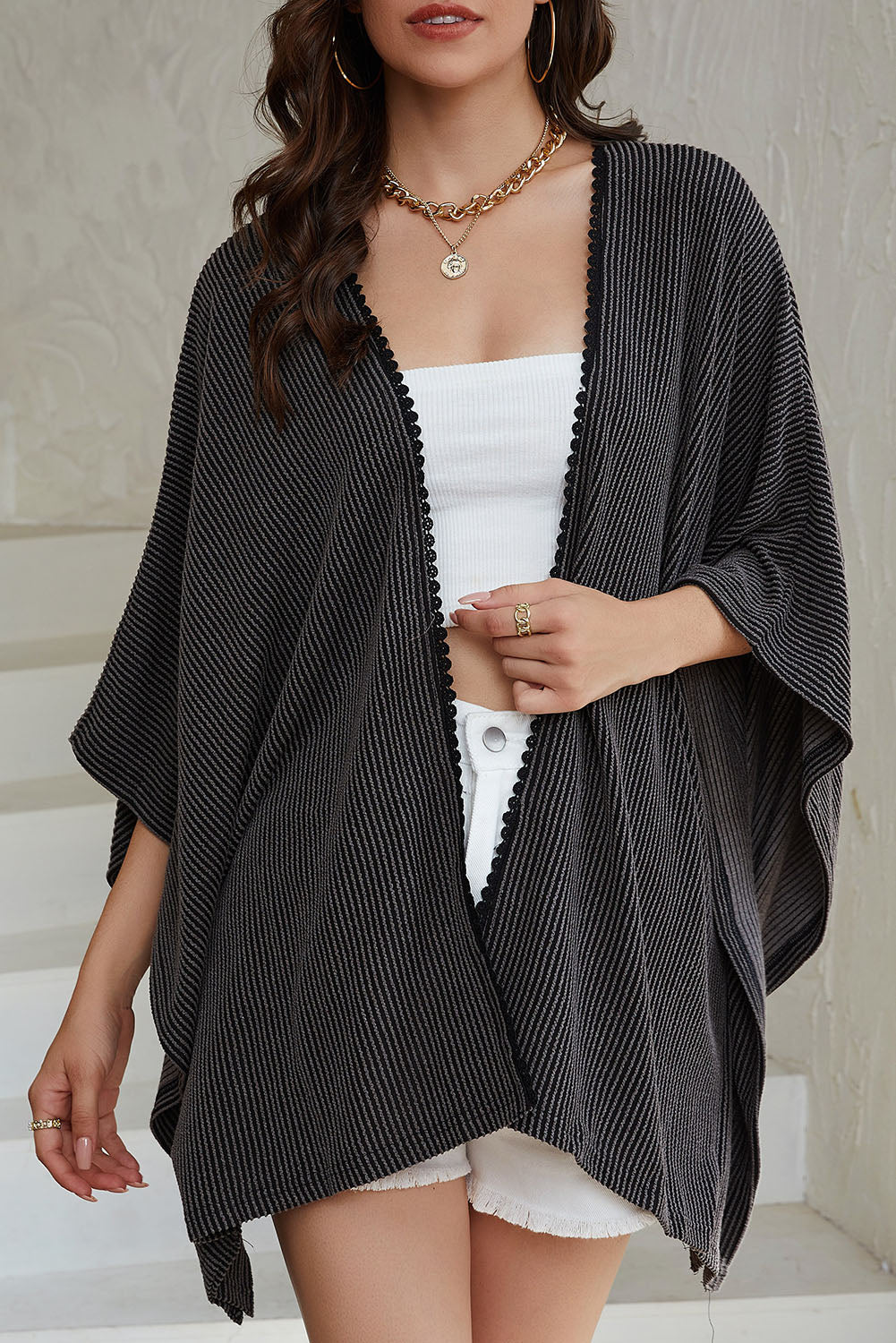 Apricot Lace Trim Ribbed Oversize Kimono