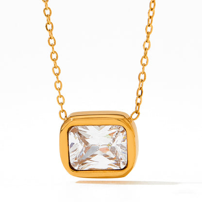 18K Gold Classic Retro Square Inlaid Zircon Design Simple Necklace