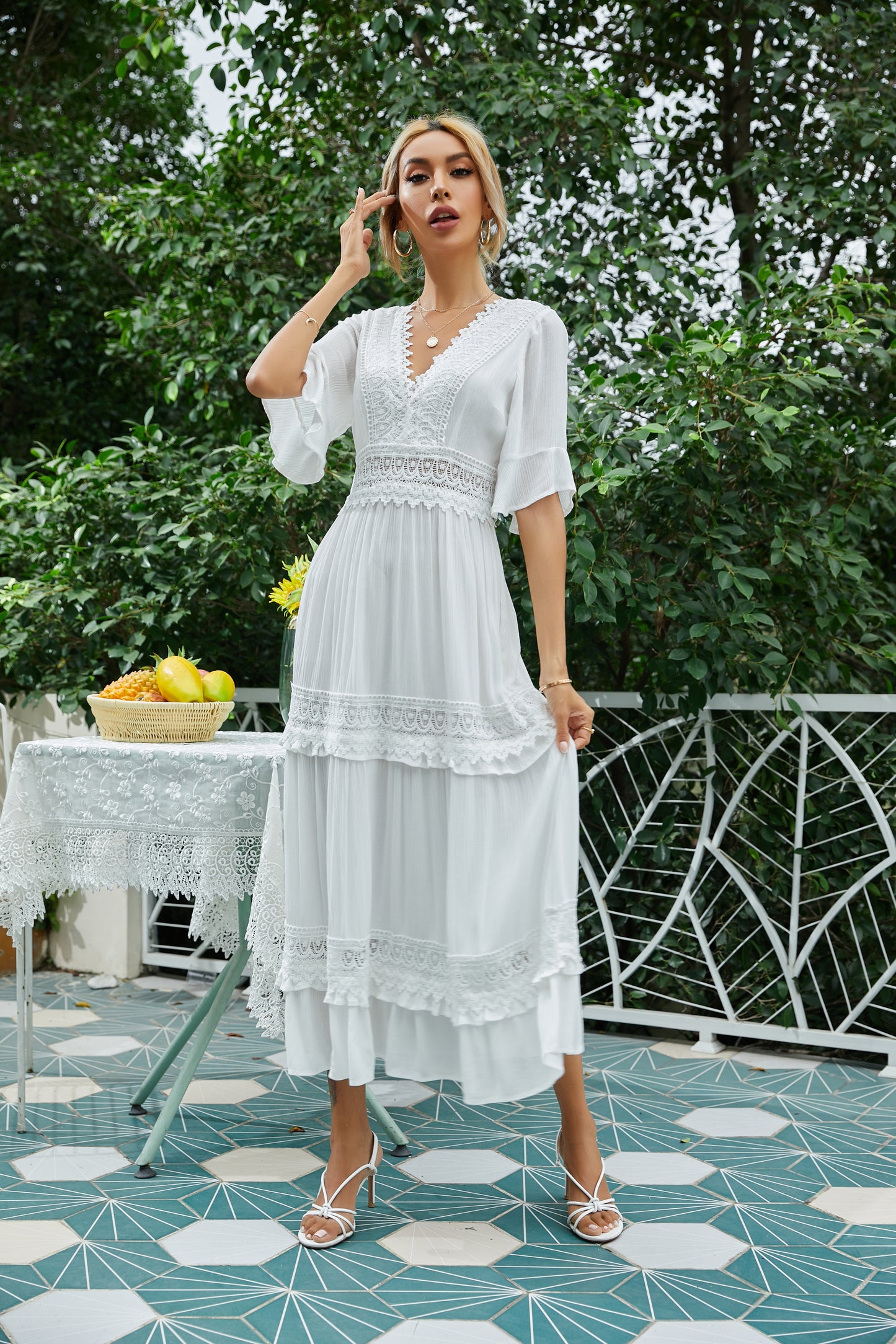 Spring Women Short Sleeve V neck Lace Maxi Dress