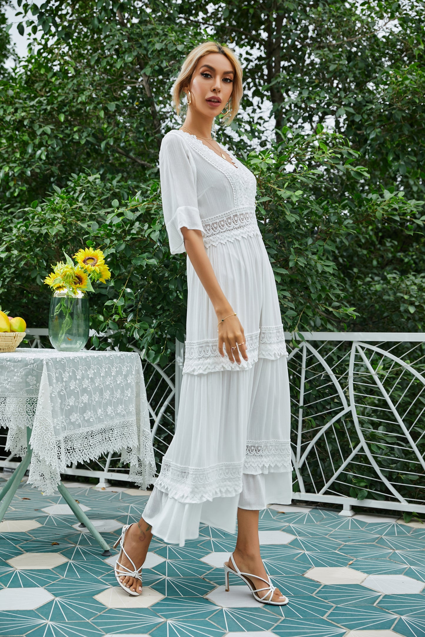 Spring Women Short Sleeve V neck Lace Maxi Dress