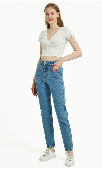 Damen Kleidung High Waist Slim Straight Washed Denim Hose Street Feet Damen Kleidung