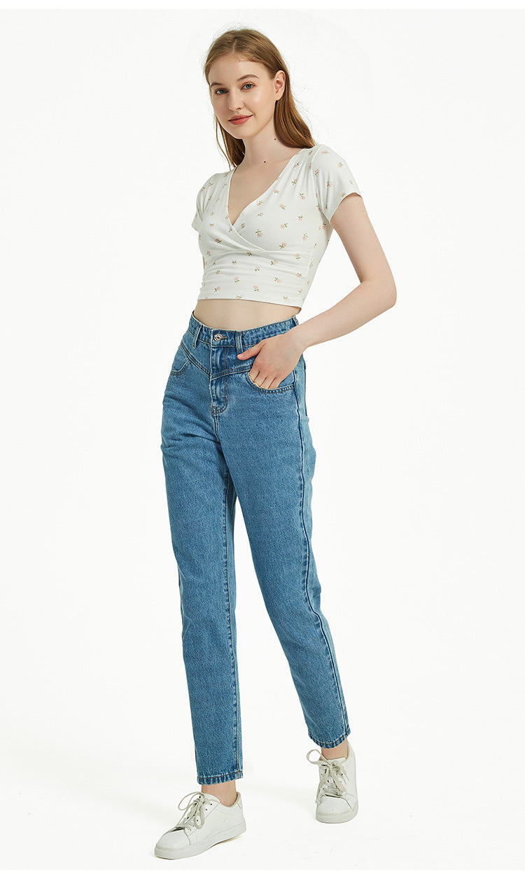 Damen Kleidung High Waist Slim Straight Washed Denim Hose Street Feet Damen Kleidung