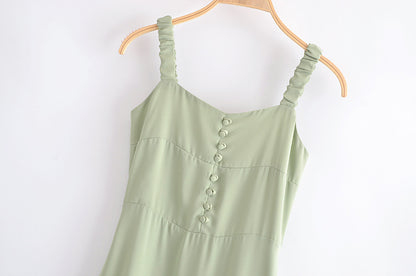 Summer Solid Color Sweet Simple Square Collar Decorative Buttons Slim Dress