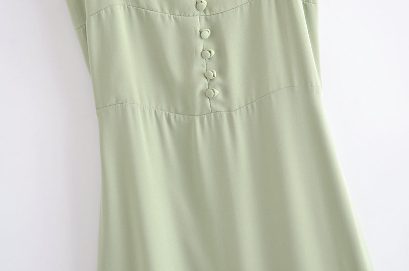 Summer Solid Color Sweet Simple Square Collar Decorative Buttons Slim Dress