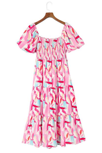 Pink Brush Stroke Printed Smocked Ruffle Tiered Dress