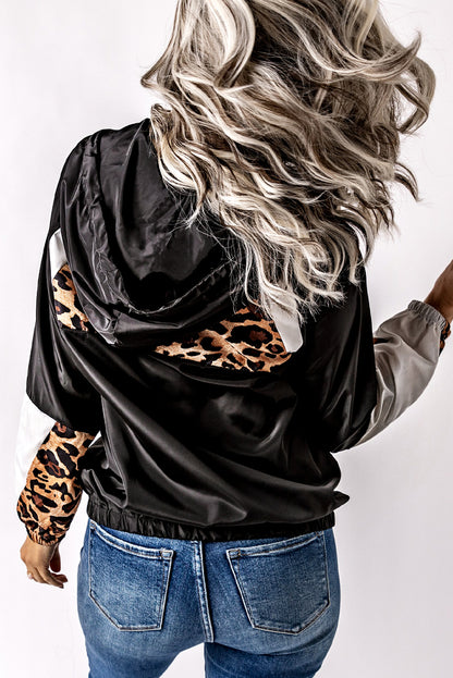 Black Leopard Print Contrast Stitching Hoodie