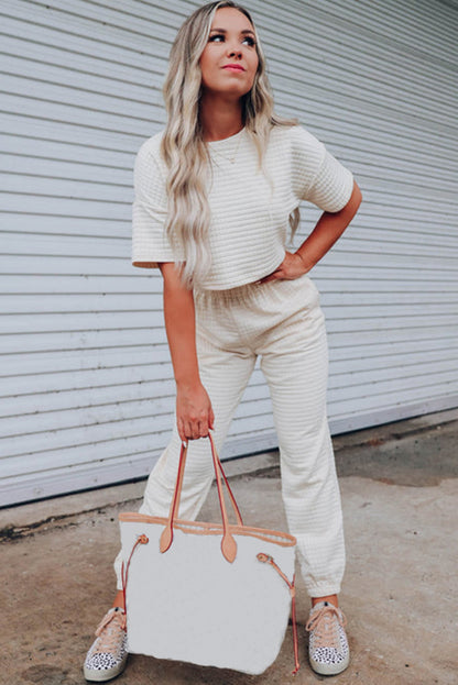 Ensemble t-shirt court texturé en treillis blanc et pantalon de jogging