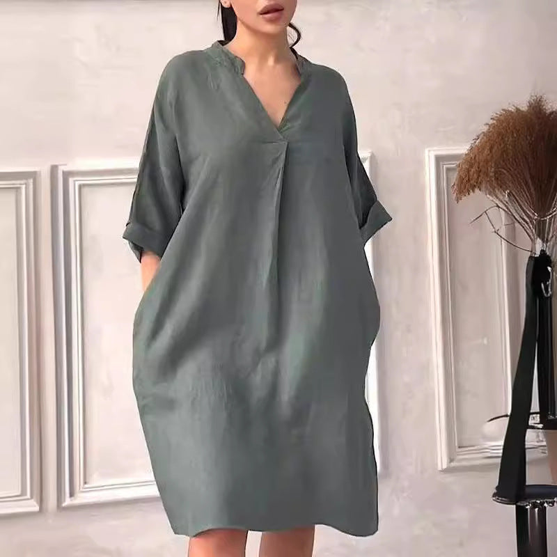 Fashion Cotton Linen Women V-neck Loose Plus Size Dress