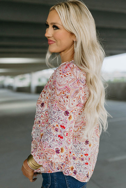 Rote Bluse mit gerafften Bündchen im Boho-Paisley-Print