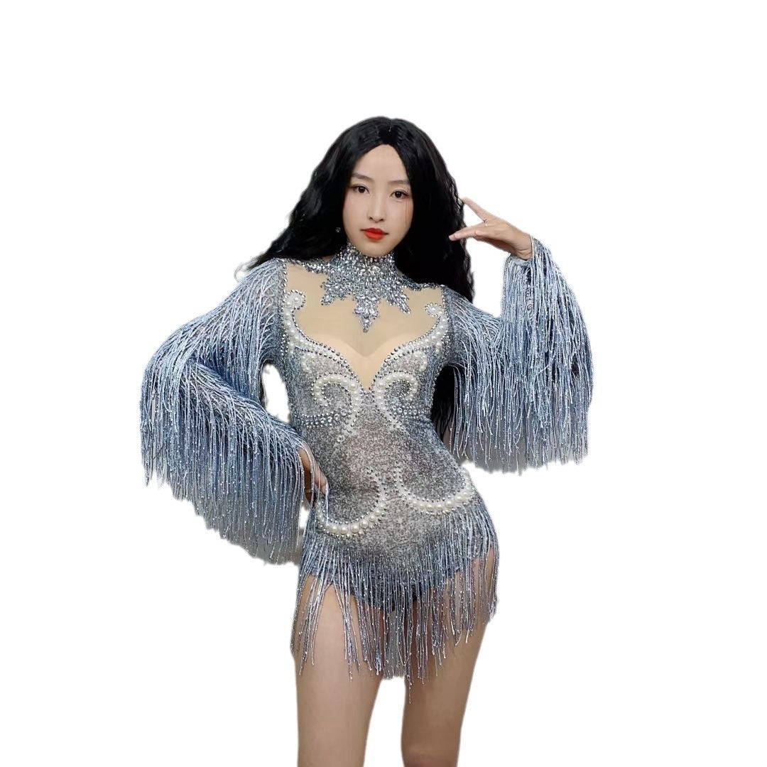 Women's Fashion Leisure Rhinestone Pearl Tassel Long Sleeve Jumpsuit