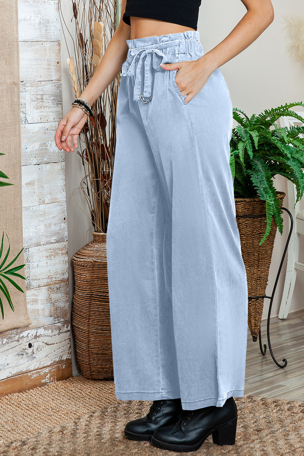 Sky Blue High Waist Pocketed Wide Leg Tencel Jeans