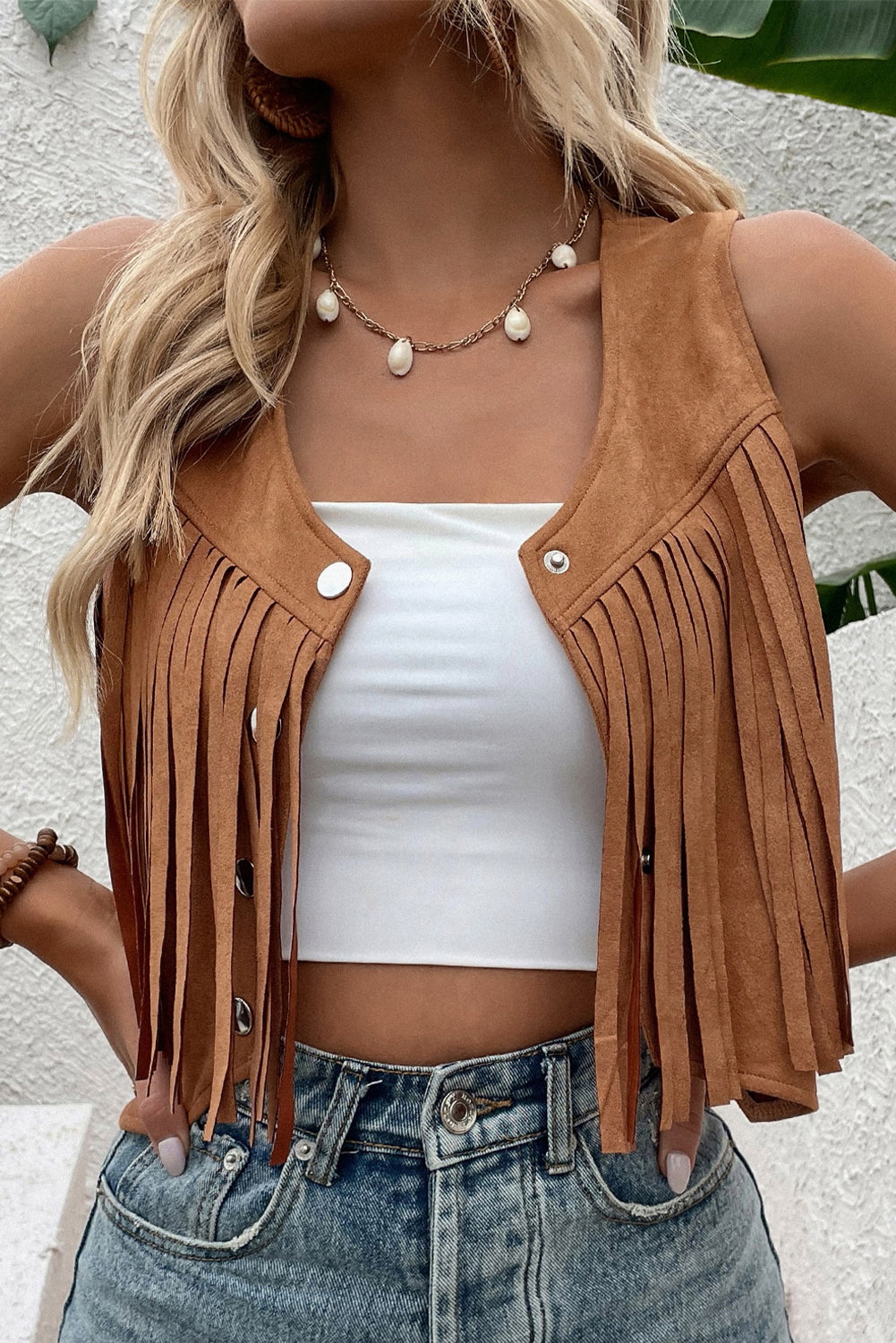 Camel Fringed Snap Button Front Cropped Suedette Vest