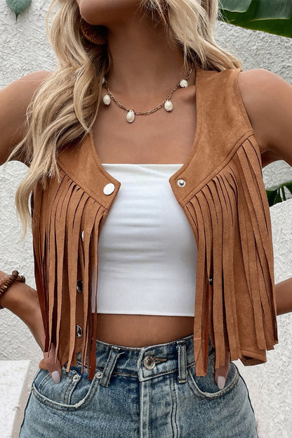 Camel Fringed Snap Button Front Cropped Suedette Vest