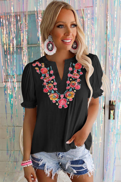 Blouse noire à manches bouffantes et à volants style Boho brodé de fleurs