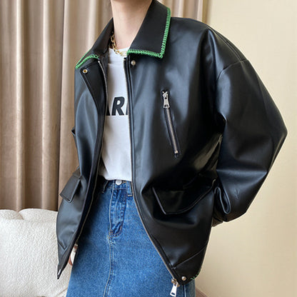 Contrast Color Outer Stitching Polo Collar Loose Jacket