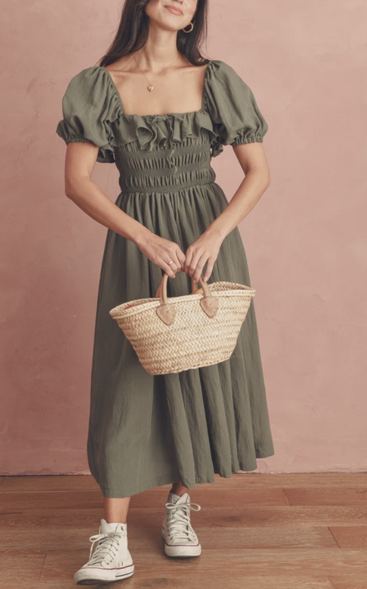 Vintage Kleid mit Rüschen, Schleife, Schnürung und Puffärmeln, Sommerkleid mit hoher Taille und schlankmachendem A-Linien-Muster und großem Saum