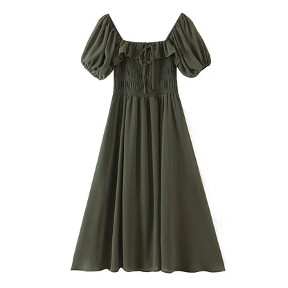 Vintage Kleid mit Rüschen, Schleife, Schnürung und Puffärmeln, Sommerkleid mit hoher Taille und schlankmachendem A-Linien-Muster und großem Saum