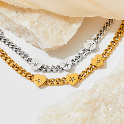 18K gold trendy and fashionable heart-set diamond and Cuban chain design bracelet