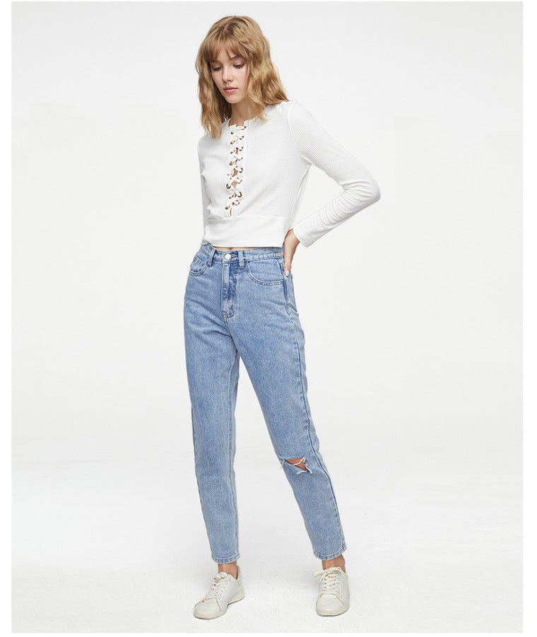 Autumn Women Jeans High Waist Boyfriend Loose Straight Wide-Leg Pants Ripped Women Jeans