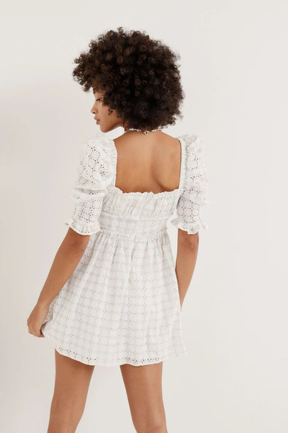 Summer Collared Hollow Out Cutout White Cinched Slimming Short Sleeves Eyelet Embroidery Dress