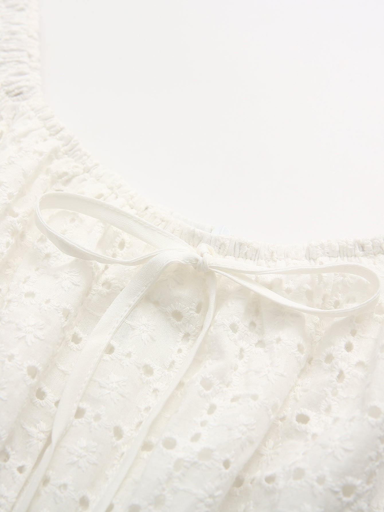 Summer Collared Hollow Out Cutout White Cinched Slimming Short Sleeves Eyelet Embroidery Dress