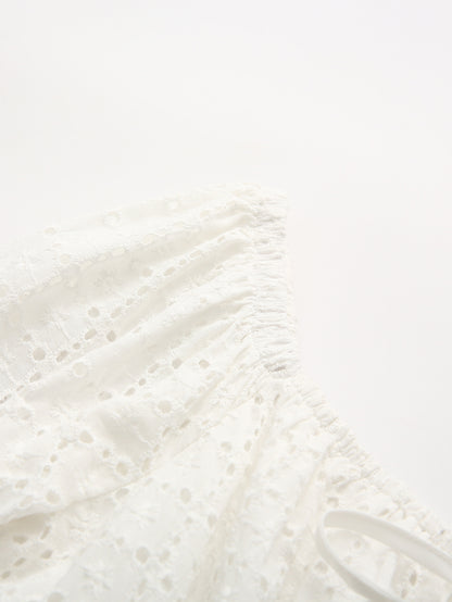 Summer Collared Hollow Out Cutout White Cinched Slimming Short Sleeves Eyelet Embroidery Dress