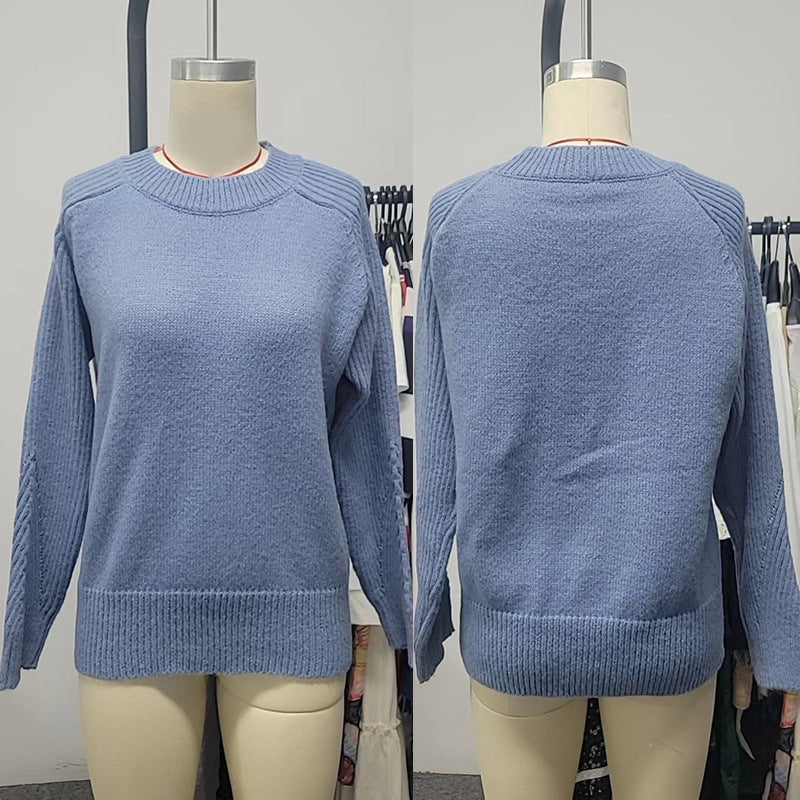 Pull en velours côtelé Bedford bleu lait européen pour femme, col rond, manches longues, tricot, vêtements décontractés pour femmes, haut en tricot à la mode, vêtements d'extérieur