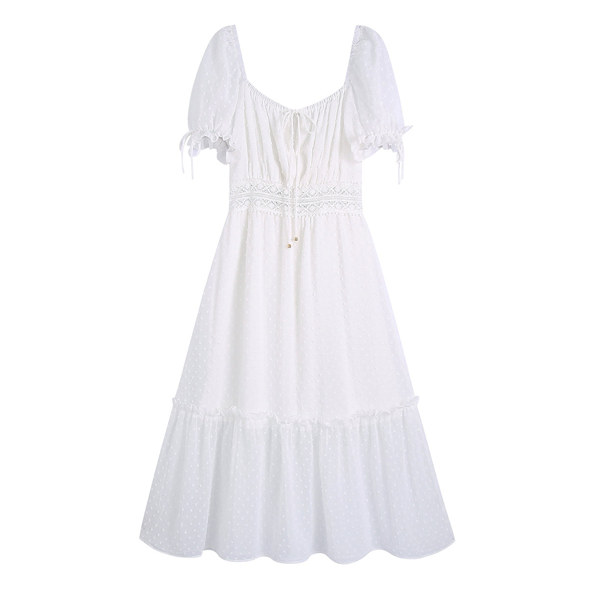 Summer Women Clothing Square Collar Short Sleeve High Waist Stitching Mid-Length Dress Women