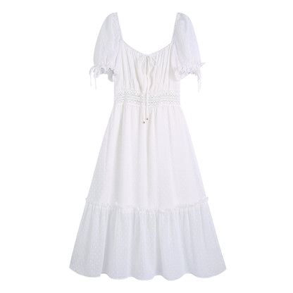 Summer Women Clothing Square Collar Short Sleeve High Waist Stitching Mid-Length Dress Women