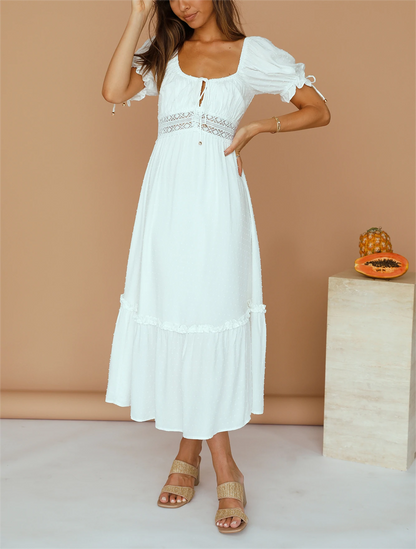 Summer Women Clothing Square Collar Short Sleeve High Waist Stitching Mid-Length Dress Women