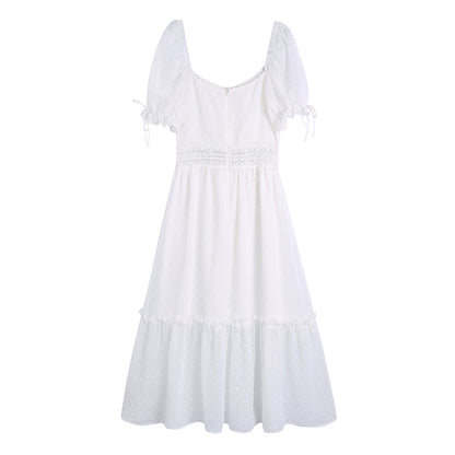 Summer Women Clothing Square Collar Short Sleeve High Waist Stitching Mid-Length Dress Women