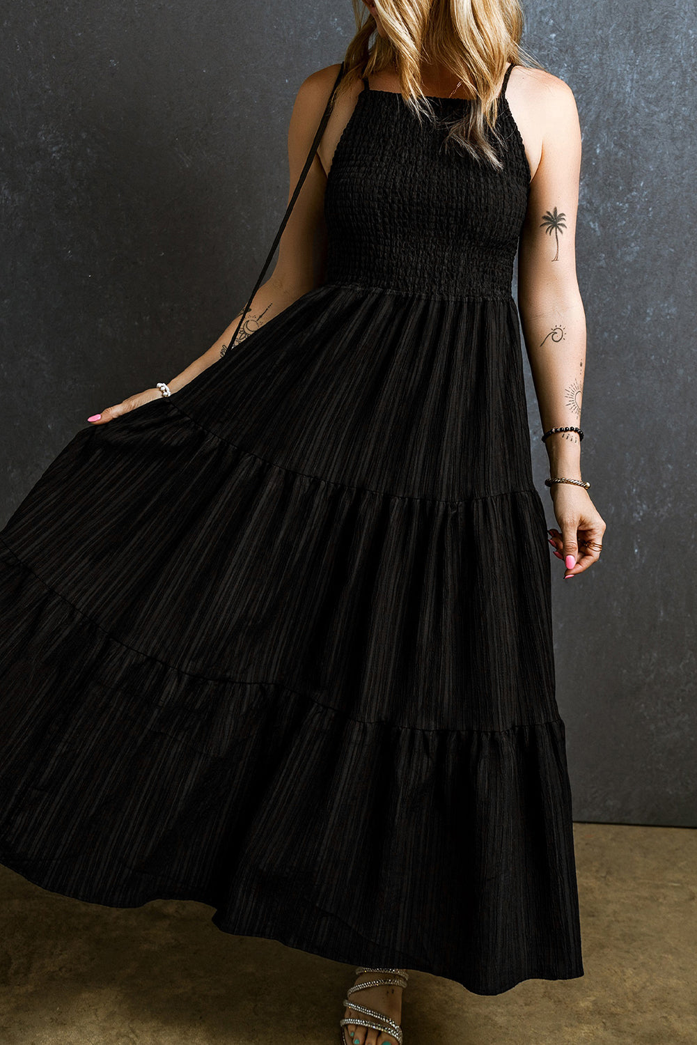 Black Smocked Pleated Sleeveless Flared Maxi Dress