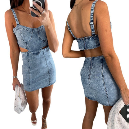 Women's Fashion Suspenders Backless Denim Dress