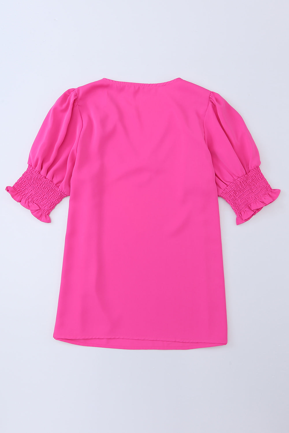 Rose Solid V Neck Smocked Puff Sleeve Blouse