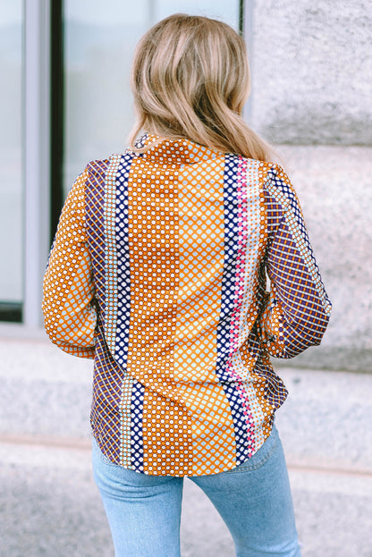 Chemise droite boutonnée à manches longues et imprimé à pois marron