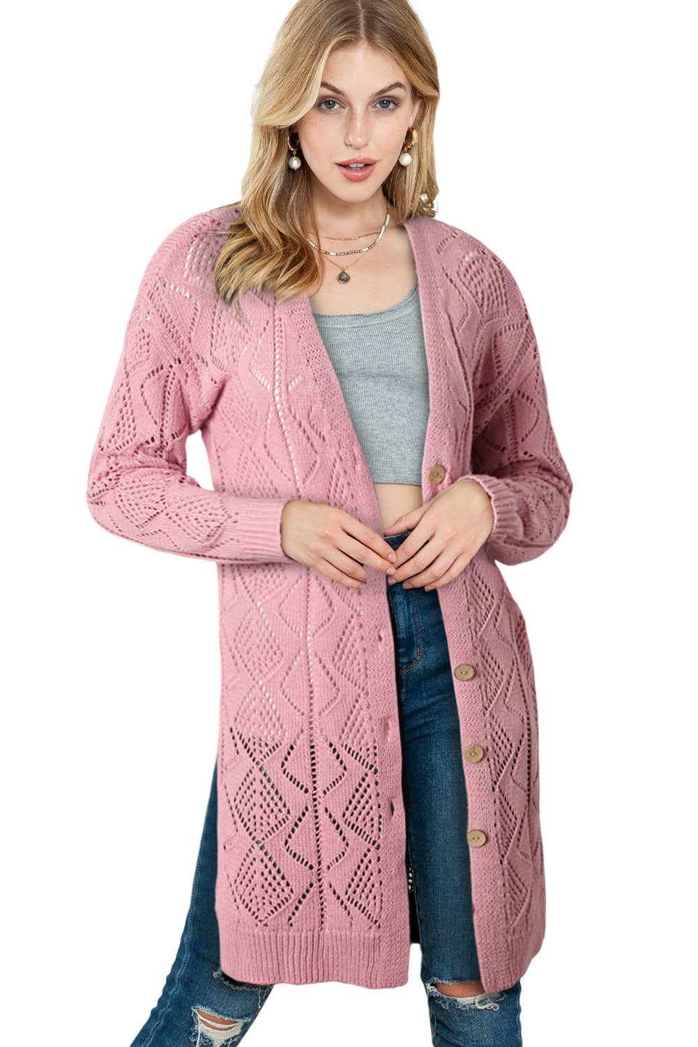 Cardigan long ample boutonné kaki ajouré